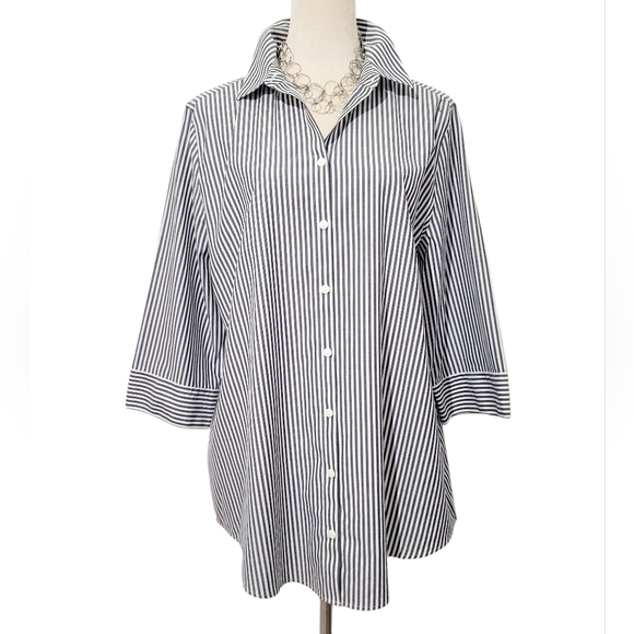 Chico's Tops - Chico’s No Iron Button Front Shirt Size 12/14 Blue/gray White Stripe 3/4 Sleeve